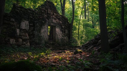 An old stone building sits within a dense forest environment