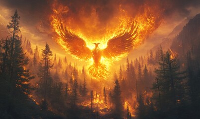 Fiery Phoenix Rising Above Forest, A Symbol of Transformation and Rebirth