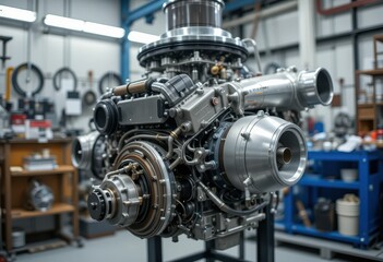 Detailed Close-up of a Modern Aircraft Engine in a Workshop Setting