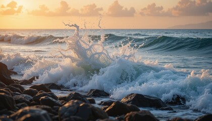 Fototapeta premium Beautiful Ocean Waves Splashing on Rocks at Sunset with Scenic View