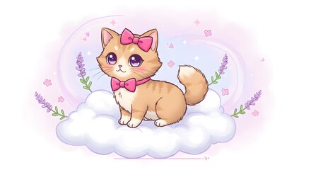 Cartoon Cat with Bow Tie Sitting on Cloud Illustration