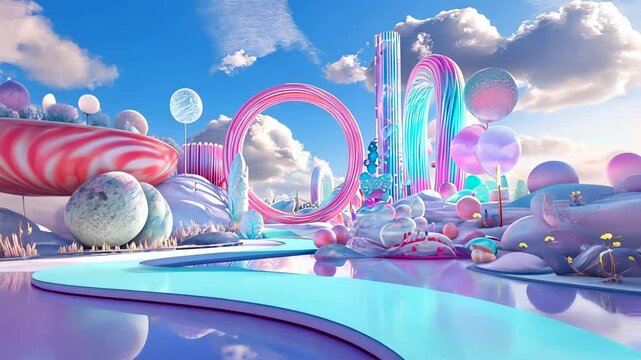 bubbles 3d candy clouds, crystal towers, and soap dreamlike create a Pink landscape under a blue sky video 4k