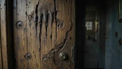 Distressed Wooden Door with Unique Texture and Intriguing Patterns