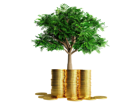 Isolated Tree Growing from a Pile of Gold Coins Indicating Growth