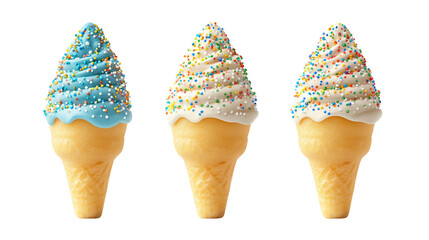 Three colorful ice cream cones with decorative sprinkles and whipped cream on top.