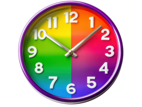 Isolated Round Rainbow Colored Clock with White Numbers
