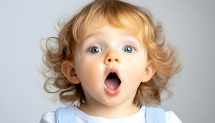 A toddler with blond curls, wide blue eyes, and an open mouth in surprise
