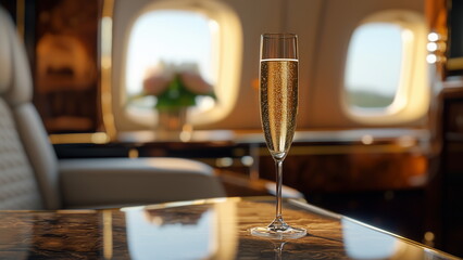 A glass of welcome gold champagne serve on the table of a first class seat of a flight, expensive and premium airline, aeroplane or plane
