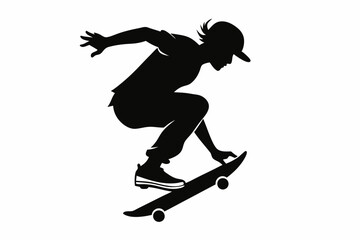 skateboarder doing a kickflip line art silhouette vector illustration