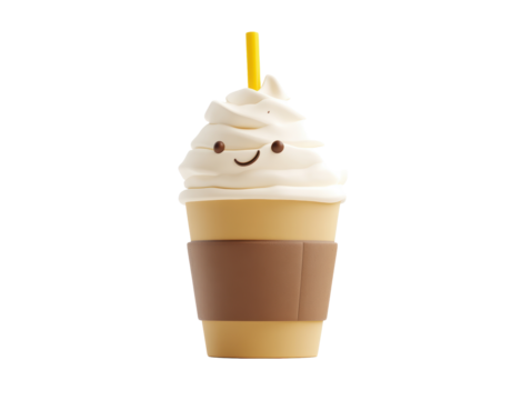 Isolated Smiling Coffee Cup Character with Creamy Topping and Yellow Straw - Powered by Adobe