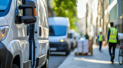 Urban delivery scene with parked vans and busy workers