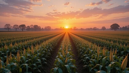 Majestic Sunrise Over Vibrant Cornfield in Rural Landscape