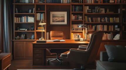 A well designed and lit home office with wooden furniture and books