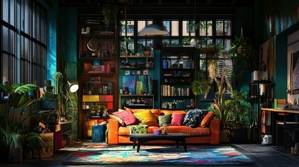 A cozy and vibrant living room with colorful decor and plants