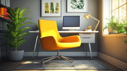 Modern Home Office with Yellow Chair and Plants