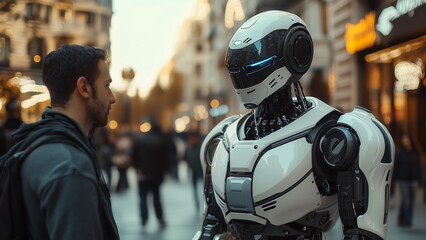 Human and artificial intelligent white robot living together in harmony, futuristic technology and science fiction