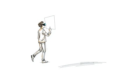 A hand-drawn sketch depicts a man in motion, observing his AR avatar interacting with reality through holographic effects