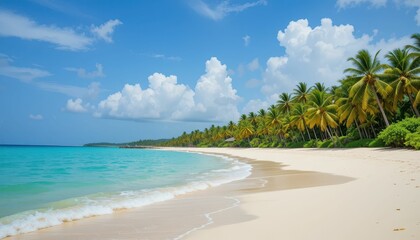 Serene Tropical Beach with White Sand, Turquoise Water, and Palm Trees