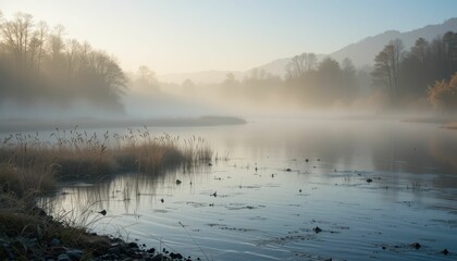 Fototapeta premium Tranquil Misty River Scene During Early Morning Light at Dawn