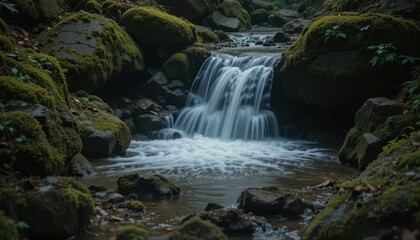 Fototapeta premium Serene Cascading Waterfall Surrounded by Lush Greenery and Rocks