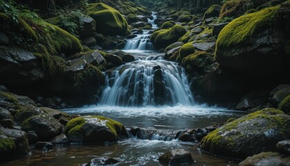 Fototapeta premium Serene Waterfall Cascading Through Mossy Rocks in Tranquil Forest