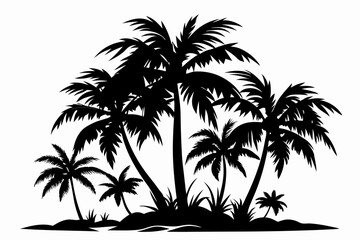 tropical palm trees with leaves line art silhouette vector illustration