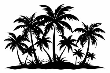 tropical palm trees with leaves line art silhouette vector illustration