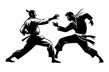 two karatekas fighting line art silhouette vector illustration
