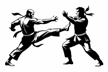 two karatekas fighting line art silhouette vector illustration