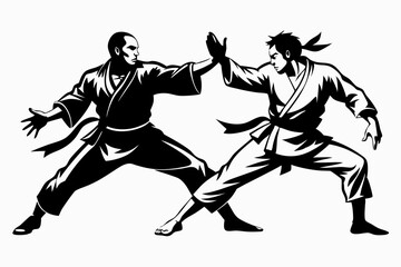 two karatekas fighting line art silhouette vector illustration