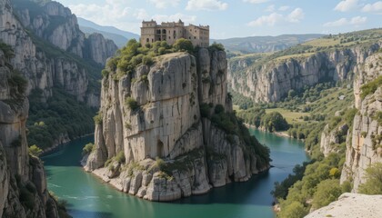 Scenic view of ancient castle atop a rocky cliff with river below