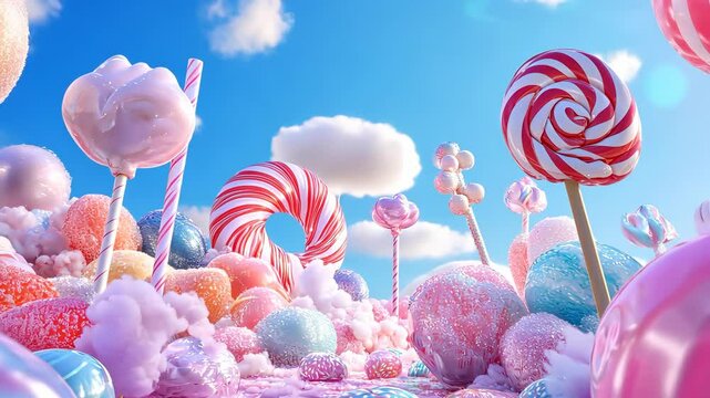 Colorful 3d lollipops stand in a sugary landscape as assorted food candy fall from a bright blue sky with fluffy white clouds fantasy landscape video 4k