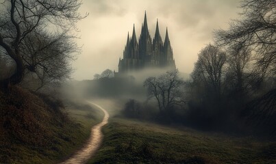Mystical Cathedral Emerging from Foggy Landscape in Atmospheric Scene