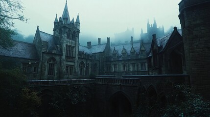 Eerie Gothic Architecture, Misty Manor House with Spooky Stone Exterior
