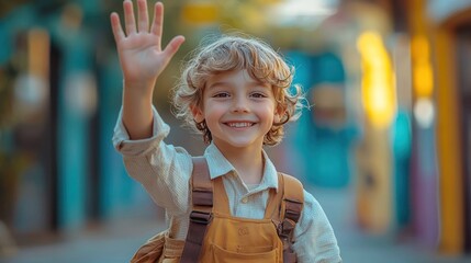 Happy boy waving goodbye in colorful street