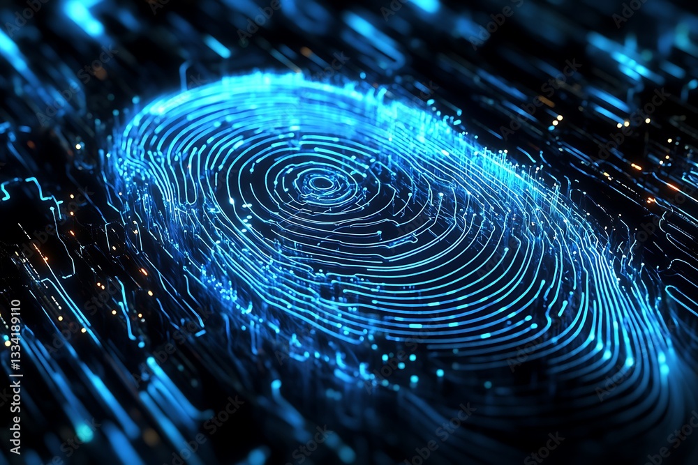 Fototapete a digital illustration of biometric technology, with an animated blue holographic fingerprint in the
