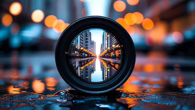 Close-up of a DSLR camera lens on a wet street reflecting a cityscape, with a blurred bokeh background and warm cinematic lighting, creating an artistic and photography-inspired composition.