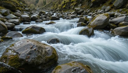 Fototapeta premium Serene Flow of Water Over Rocks in Mountain Stream Landscape