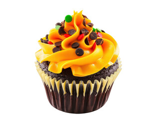 Isolated Cheerful Yellow Frosted Cupcake Sprinkled with Chocolate Chips