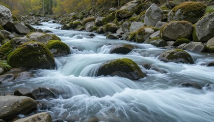 Fototapeta premium Serene Flowing River with Rocks and Green Moss in Nature
