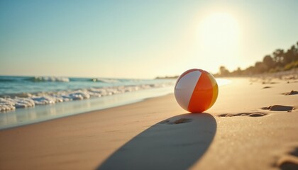 Obraz premium Beach ball shadow on sand with sunset ocean