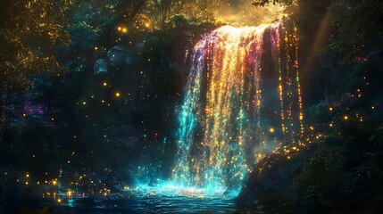 Enchanted Waterfall, A mesmerizing blend of nature and colorful light