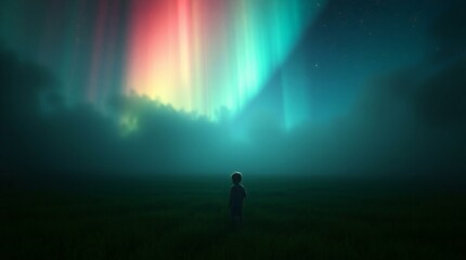 A volumetric lighting effect creates an eerie, creepy atmosphere. A young child stands in a vast meadow