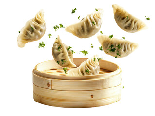 Isolated Steaming Dumplings in Bamboo Steamer with Herb Garnish