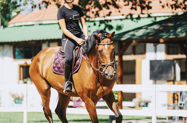 A young person is seen riding a brown horse outdoors, practicing equestrian skills. The setting...