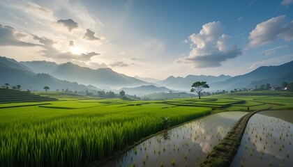 Obraz premium A tranquil landscape of [specific location: rice terraces], with water reflecting the sky and lush green fields. The scene is peaceful and harmonious.