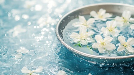 Traditional Thai Songkran silver bowl with jasmine garlands and water droplets, symbolizing renewal and purity.