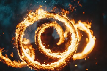 Fire performer skillfully spinning flaming hoops at night in a vibrant display of artistry