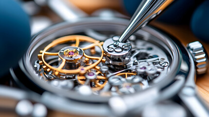 Close-up of watchmaker meticulously repairing intricate clockwork mechanism