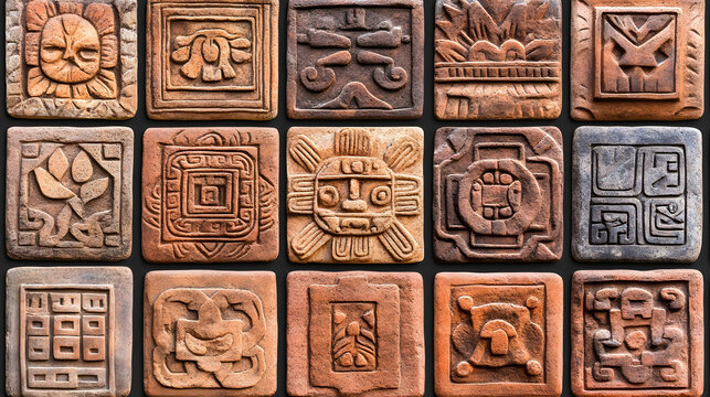 Collection of intricately carved terracotta tiles featuring ancient motifs